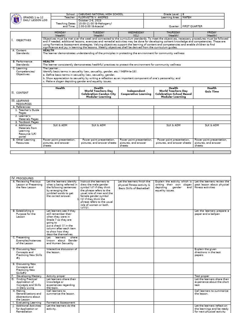 Grade 8 MAPEH Daily Lesson Log | PDF | Learning | Education Theory