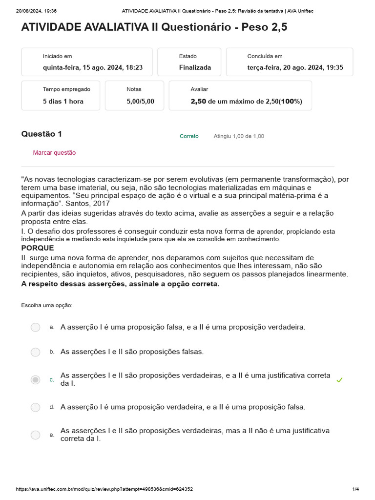 ATIVIDADE AVALIATIVA II Questionário 2 | PDF | Aprendizado | Comunicação