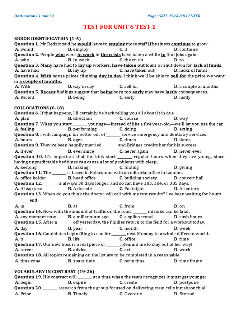 Test For Unit 6 - Destination C1,2 - Test 1 | PDF | Vietnam