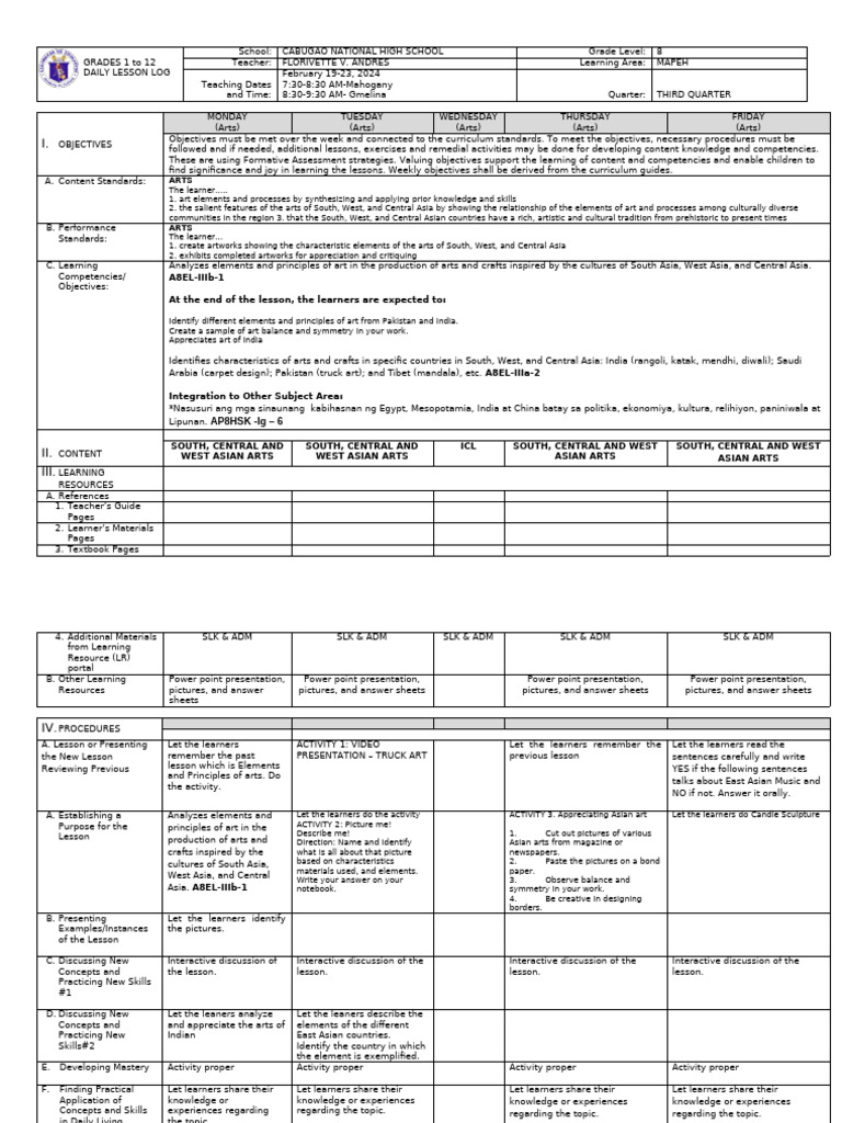 Grade 8 MAPEH Daily Lesson Plan | PDF | Teachers | Cognition