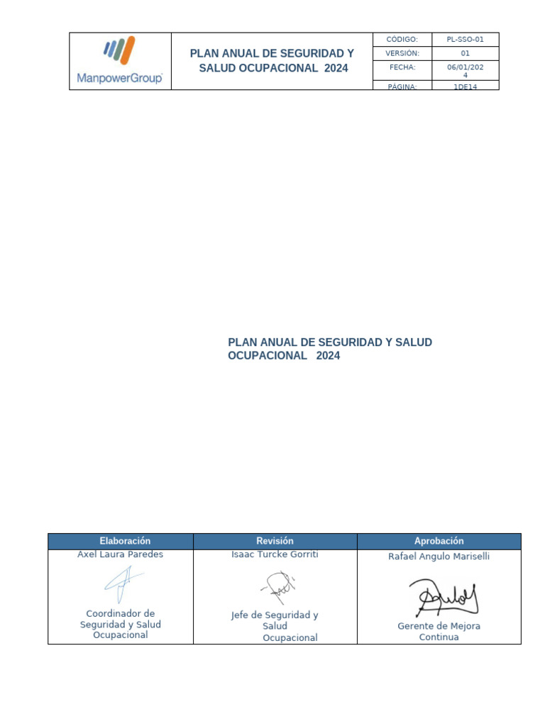 PL-SSO-01 Plan Anual de Seguridad y Salud Ocupacional 2024 MPerú (Z69 ...
