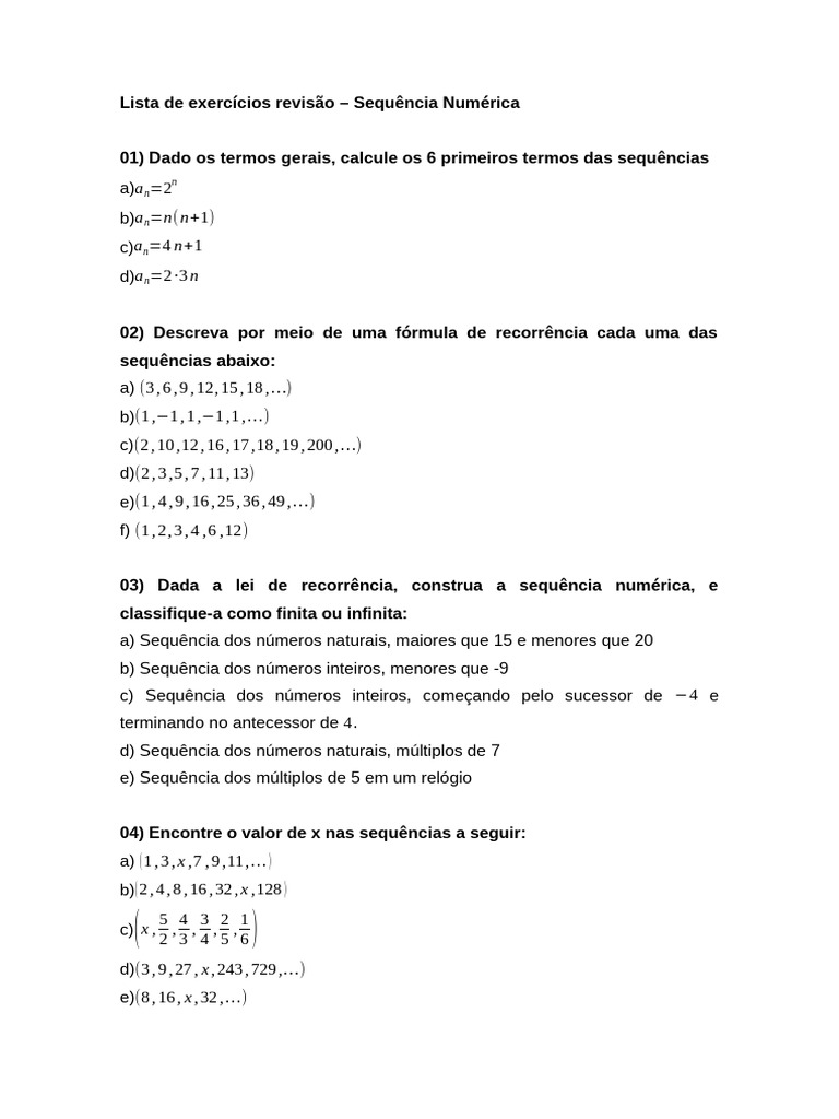 Exercícios de Sequência Numérica | PDF