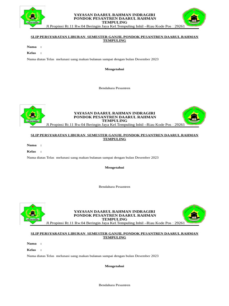 Slip Persyaratan Liburan | PDF