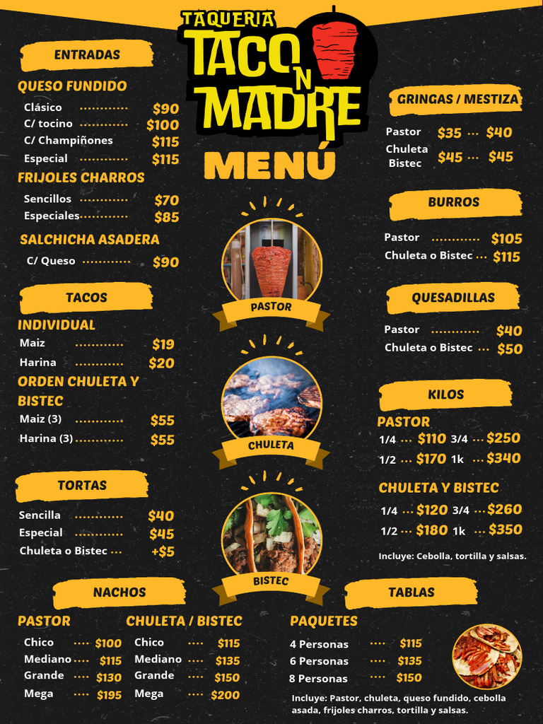 Menú Taquería Tacos Madres | PDF | Alimentos preparados | Tortilla