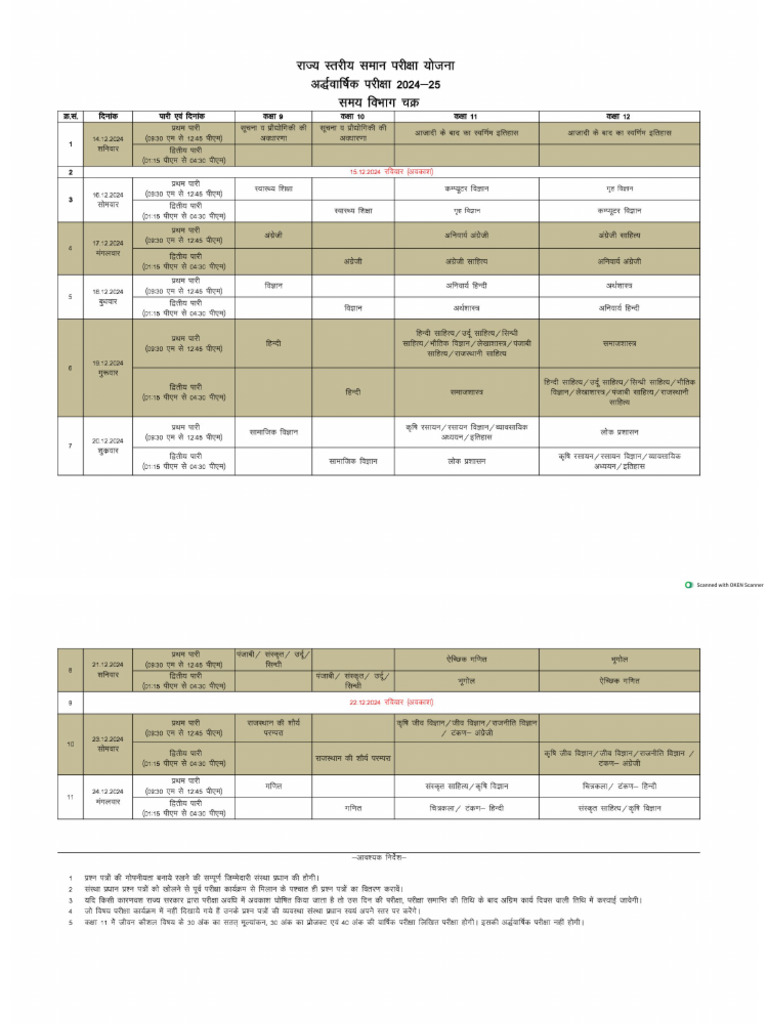 Revised Time Table For Half Yearly Exam 2024 | PDF