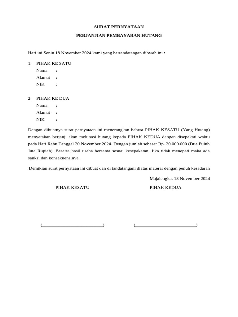 Perjanjian Pembayaran Hutang 20 Juta Pdf