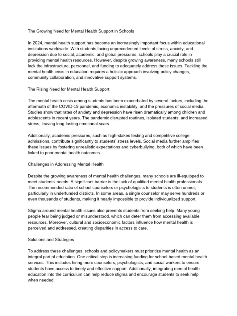The Growing Need For Mental Health Support in Schools | PDF | Mental ...