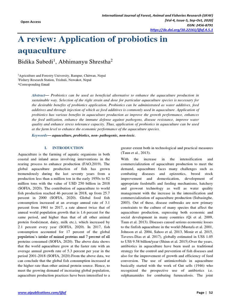 A Review Application of Probiotics in Aq | PDF | Probiotic | Aquaculture