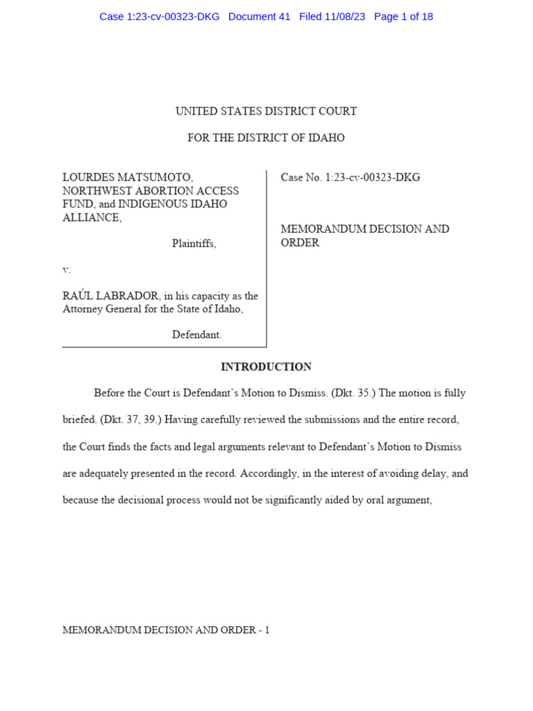 Idaho Abortion Trafficking Case Order | PDF | Federal Rules Of Civil ...