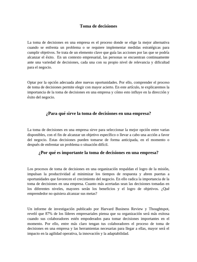 Importancia de la Toma de Decisiones Empresariales | PDF | Toma de ...