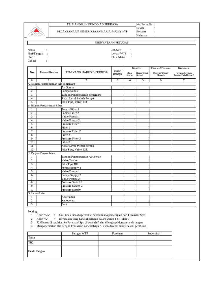 Form P2H untuk Wheel Loader WTP | PDF