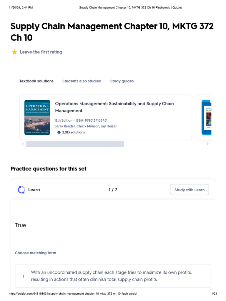 Supply Chain Management Chapter 10, MKTG 372 CH 10 Flashcards - Quizlet ...