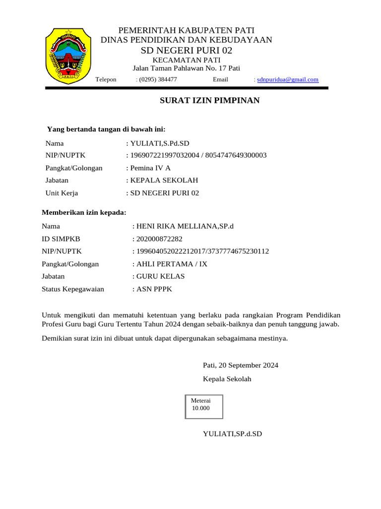 Surat Izin Program Pendidikan Guru 2024 | PDF