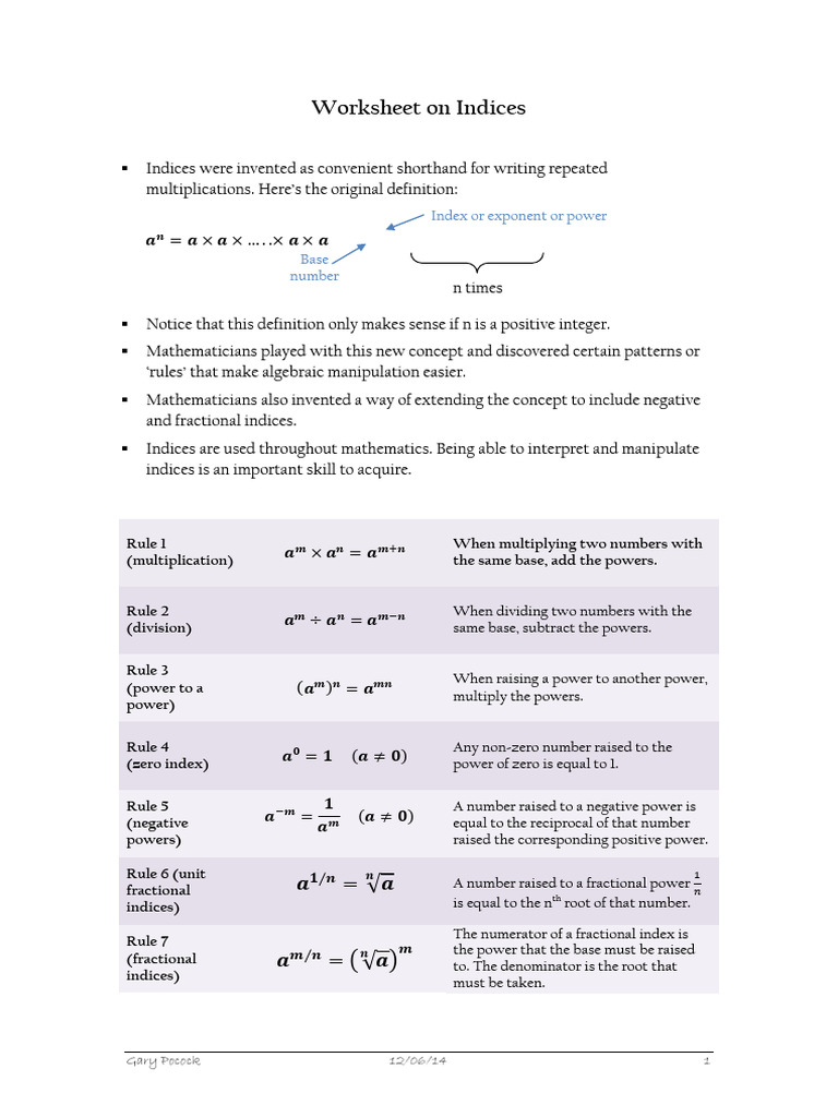 Worksheet On Indices Pdf Free Pdf Multiplication Numbers