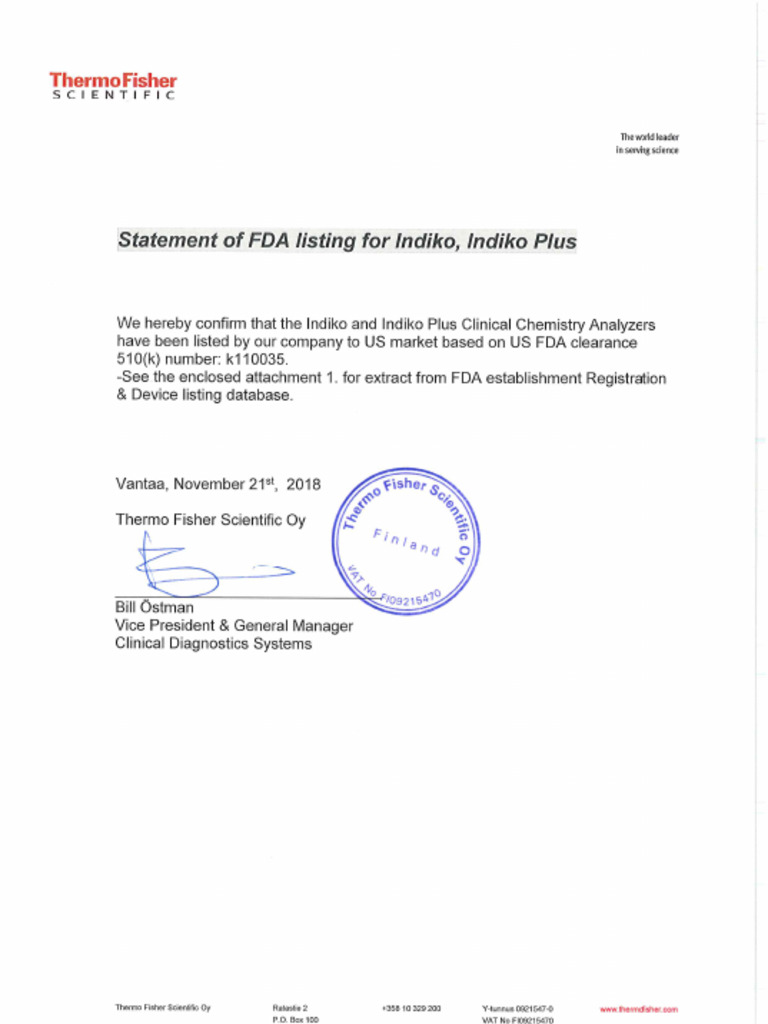 Statement of FDA Listing Indiko, Indiko Plus BÖ Signed | PDF