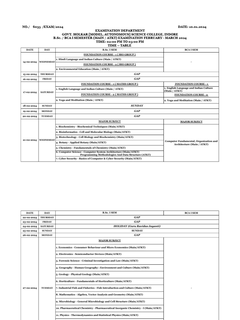 BCA & B.Sc. I Semester Exam Schedule 2024 | PDF | Science | Botany