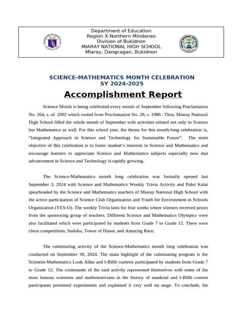 Science-Mathematics Month 2024 Report | PDF | Observation | Science