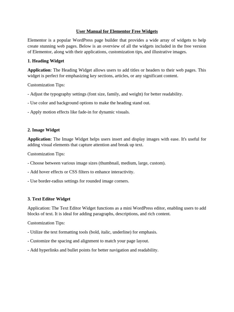 Elementor Free Widgets User Manual | PDF | Icon (Computing) | Word Press