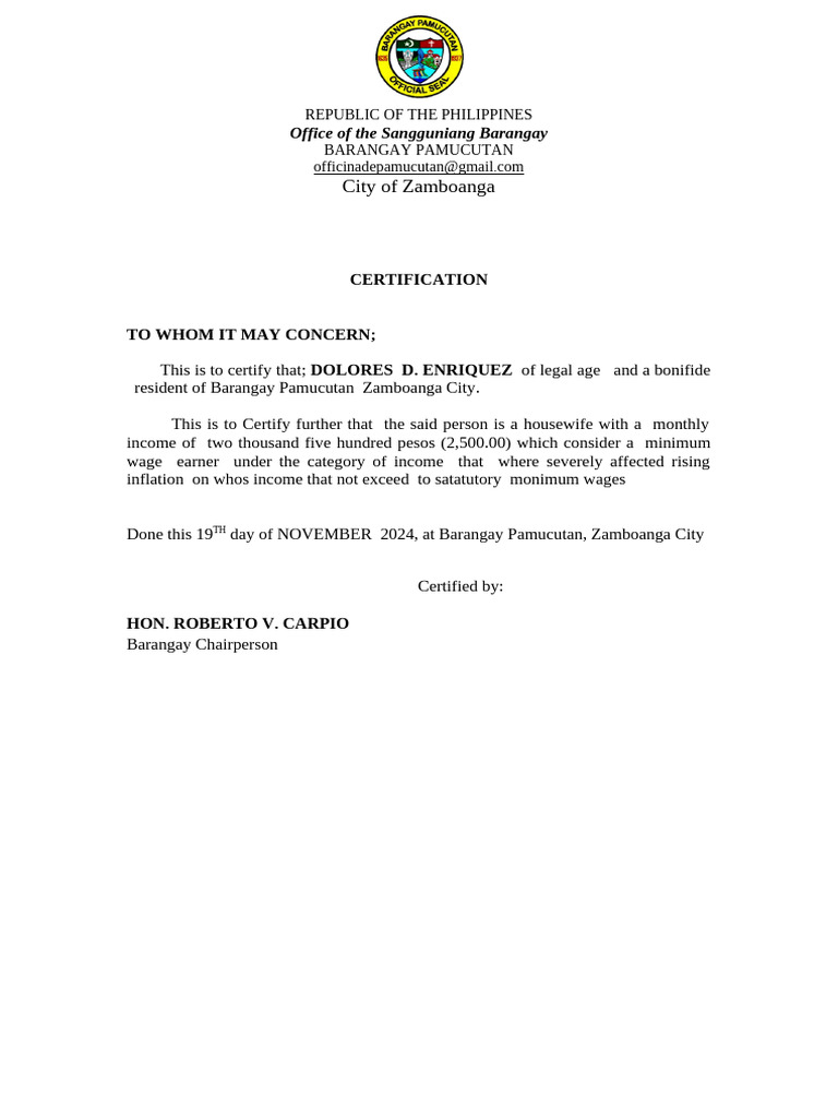 Certification of Low Income Earner | PDF