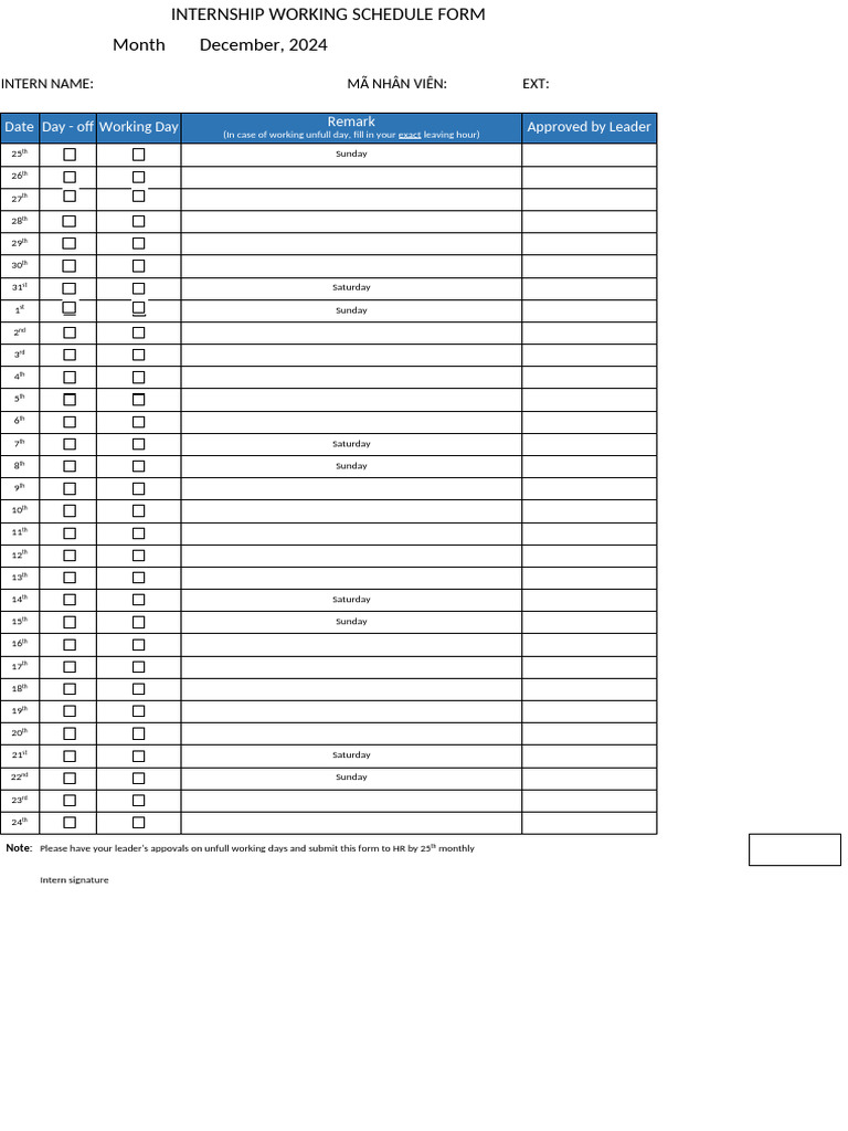 Intership Working Schedule Form - 09.2024 | PDF