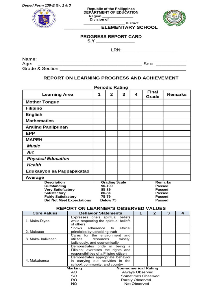 Deped Form 138 - E Gr. 1 & 3 | PDF