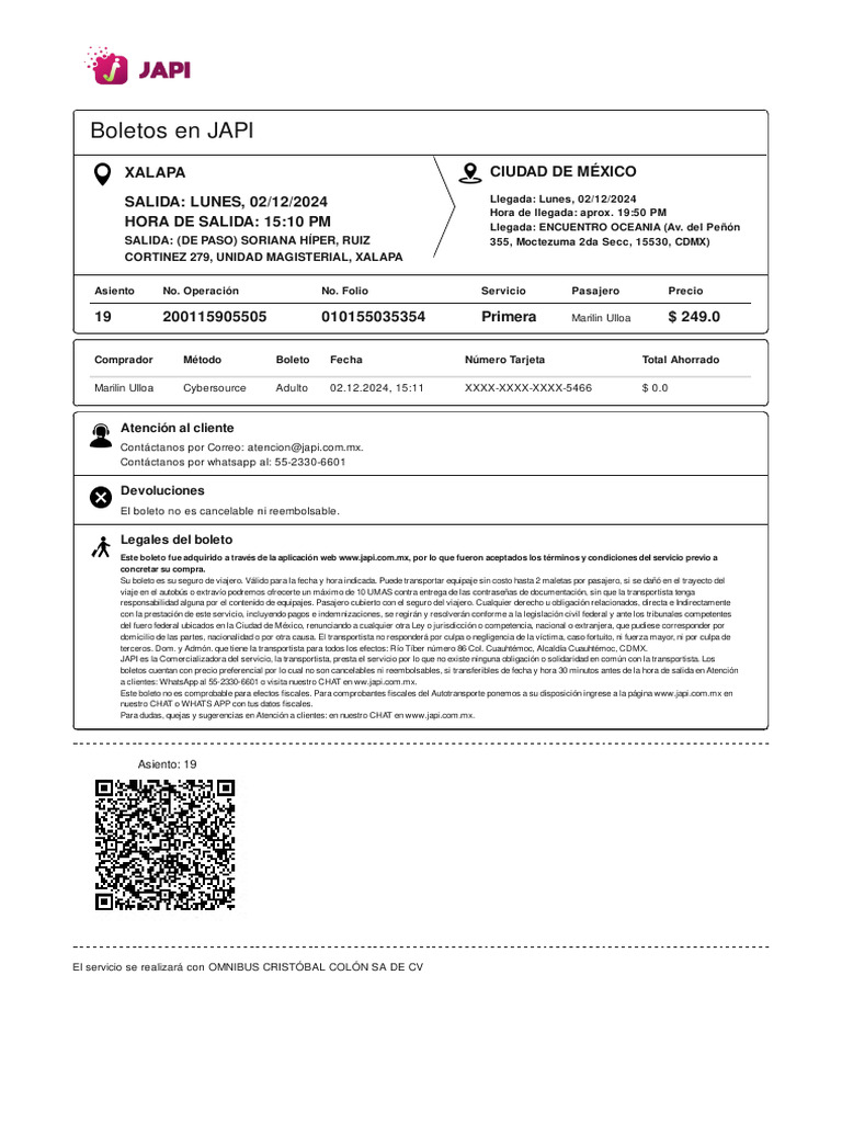 Boleto JAPI 9b5ecbc5 (1) | PDF | Pasajero
