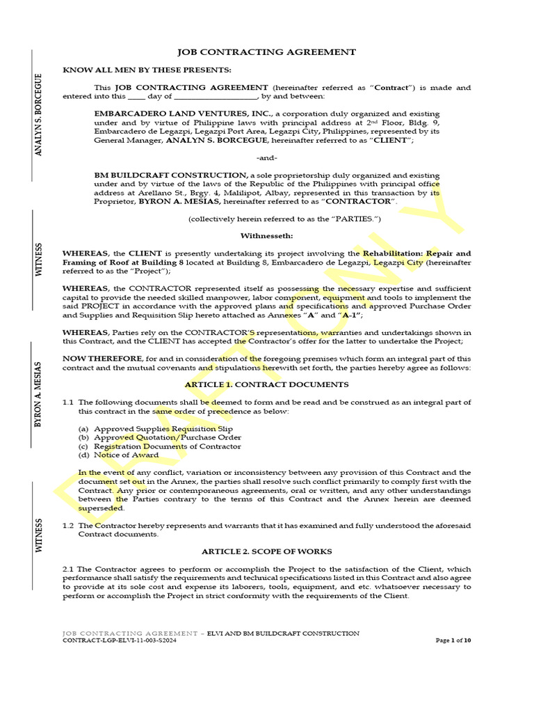 JOB CONTRACTING AGREEMENT - ELVI and BM Buildcraft Construction ...