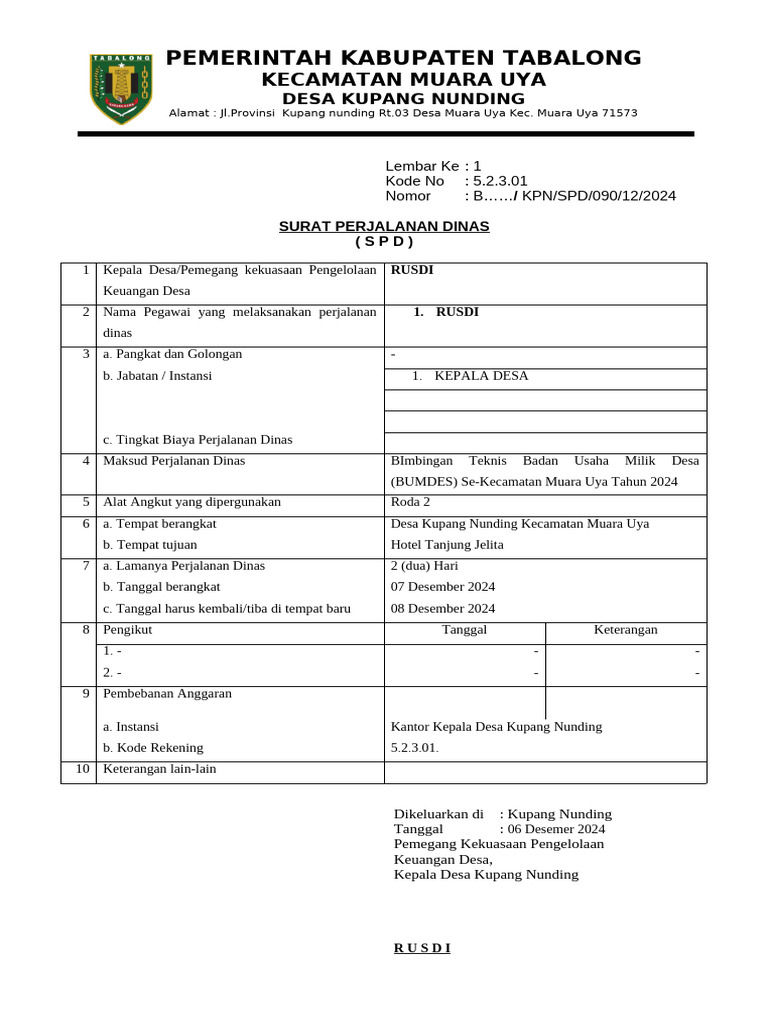Contoh SPD untuk BUMDES 2024 | PDF