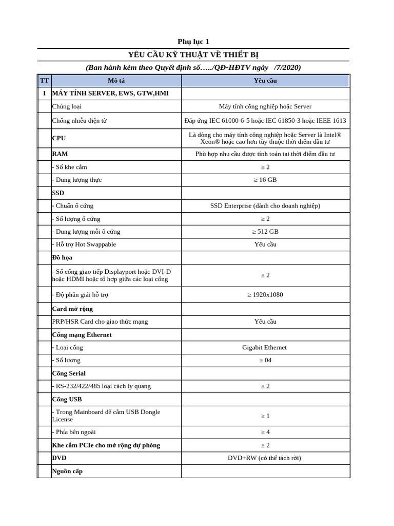 Phu Luc 1. Yeu Cau Ky Thuat Thiet Bi (14KB) | PDF