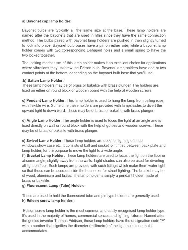 Types of Lamp Holders Explained | PDF | Lighting | Electrical Components