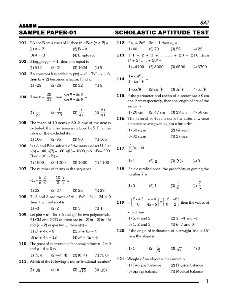 SAT Sample Paper for Scholastic Aptitude Test | PDF | Magnesium | Argon