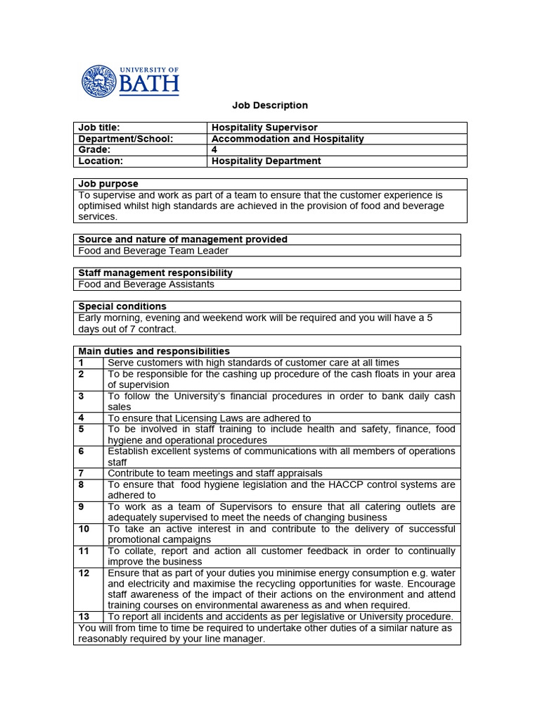 Job Description of Supervisor | PDF | Food Safety
