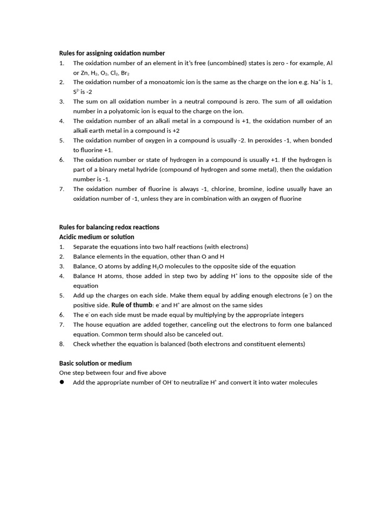 Rules For Redox Reactions | PDF