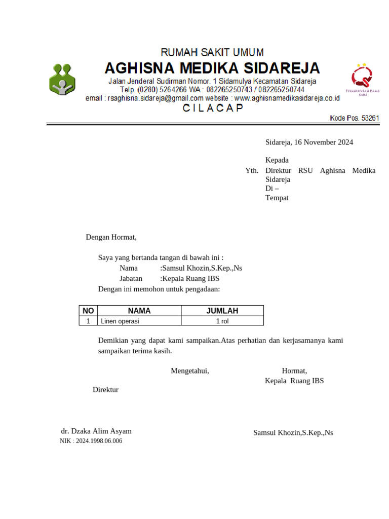 Permohonan Pengadaan Linen Operasi | PDF