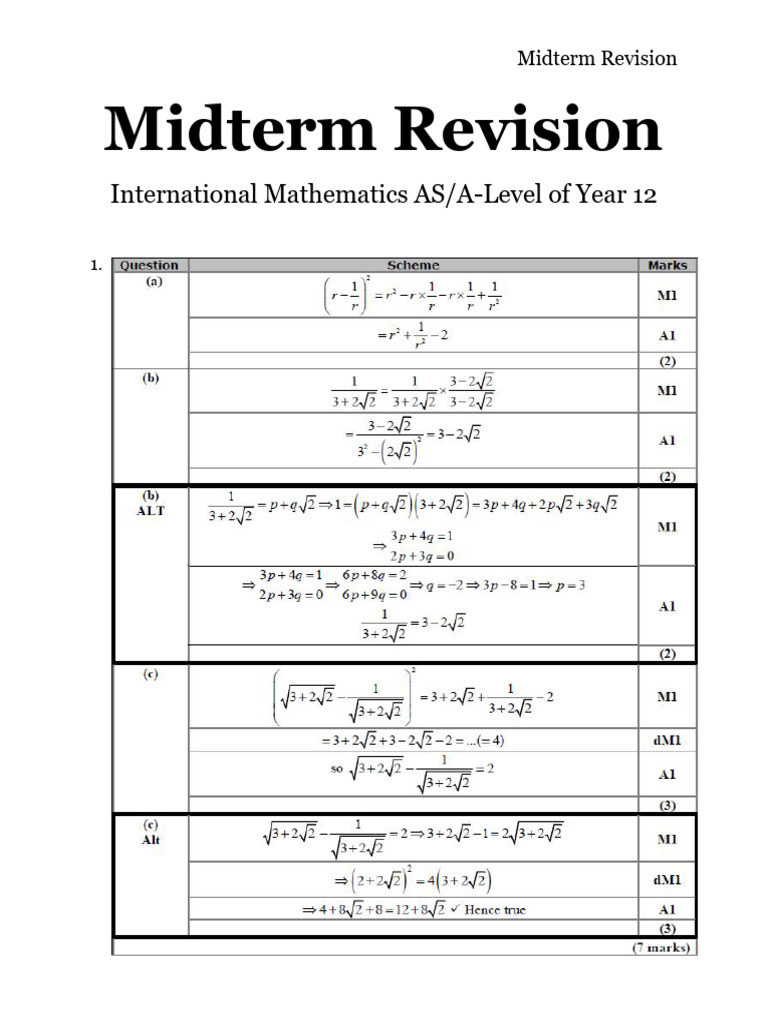 Midterm Revision Math As-Level Year 12 (Sol) | PDF
