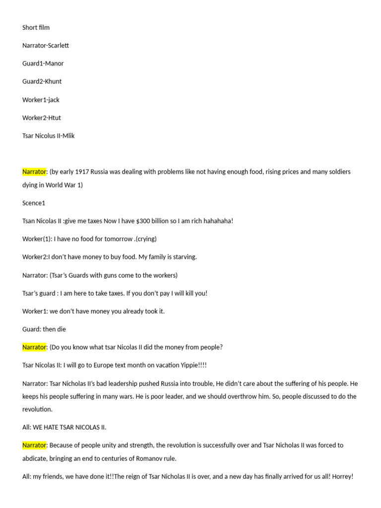 Russian Revolution Short Film Script | PDF