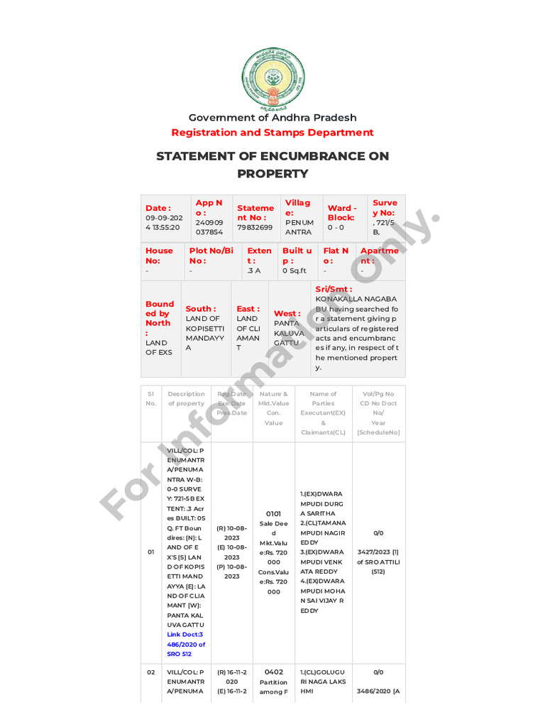 Venk-287 Property Encumbrance Statement | PDF | Vishnu | Forms Of Vishnu