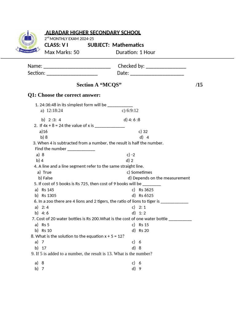 Class VI Math Exam Paper | PDF | Quantity | Ratio