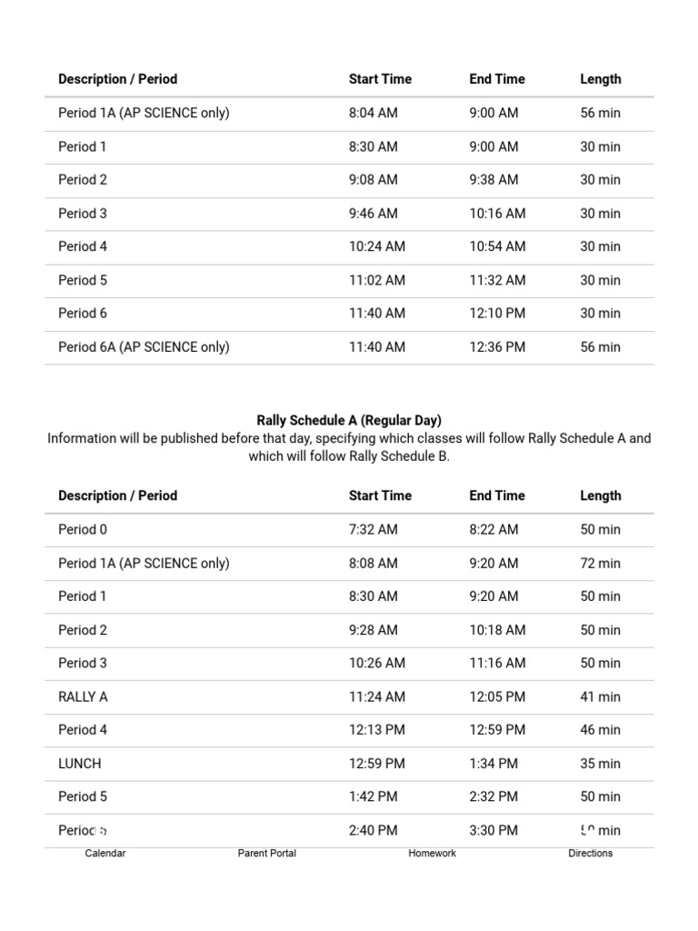 Description / Period Start Time End Time Length: Calendar Parent Portal ...
