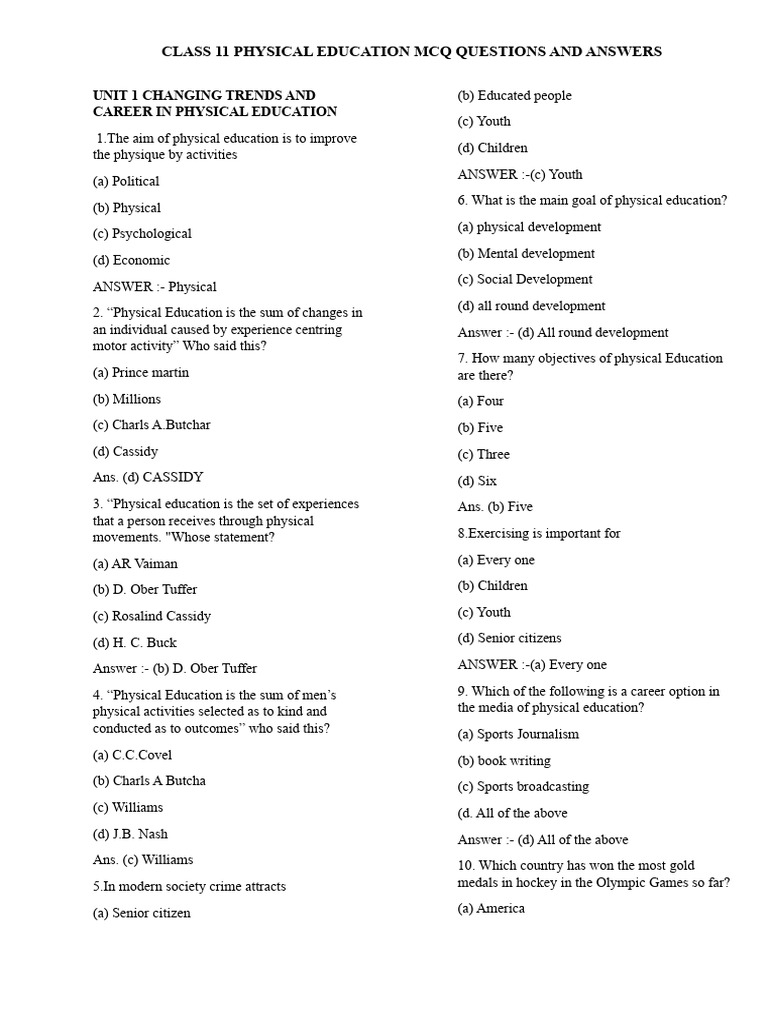 Class 11 Physical Education MCQs | PDF | Physical Fitness | Asana