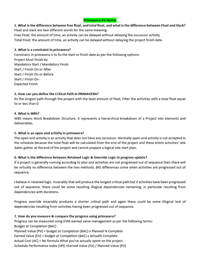 Primavera P6 Notes Pdf