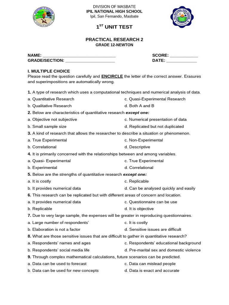 Grade 12 Practical Research Test Guide | PDF | Level Of Measurement ...