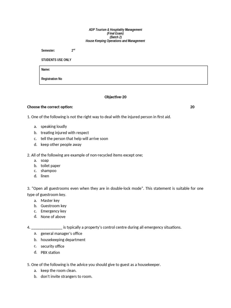 Housekeeping Operations Exam Guide | PDF | Housekeeping | Hygiene