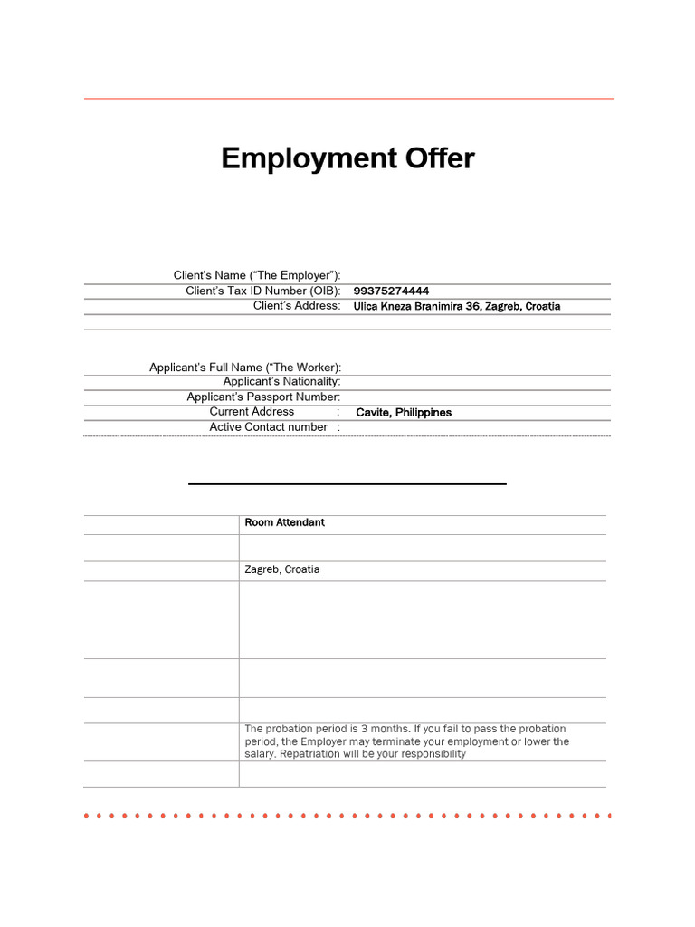 Employment Offer for Room Attendant | PDF | Employment | Social ...