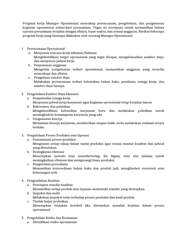 Program Kerja Manajer Operasional | PDF