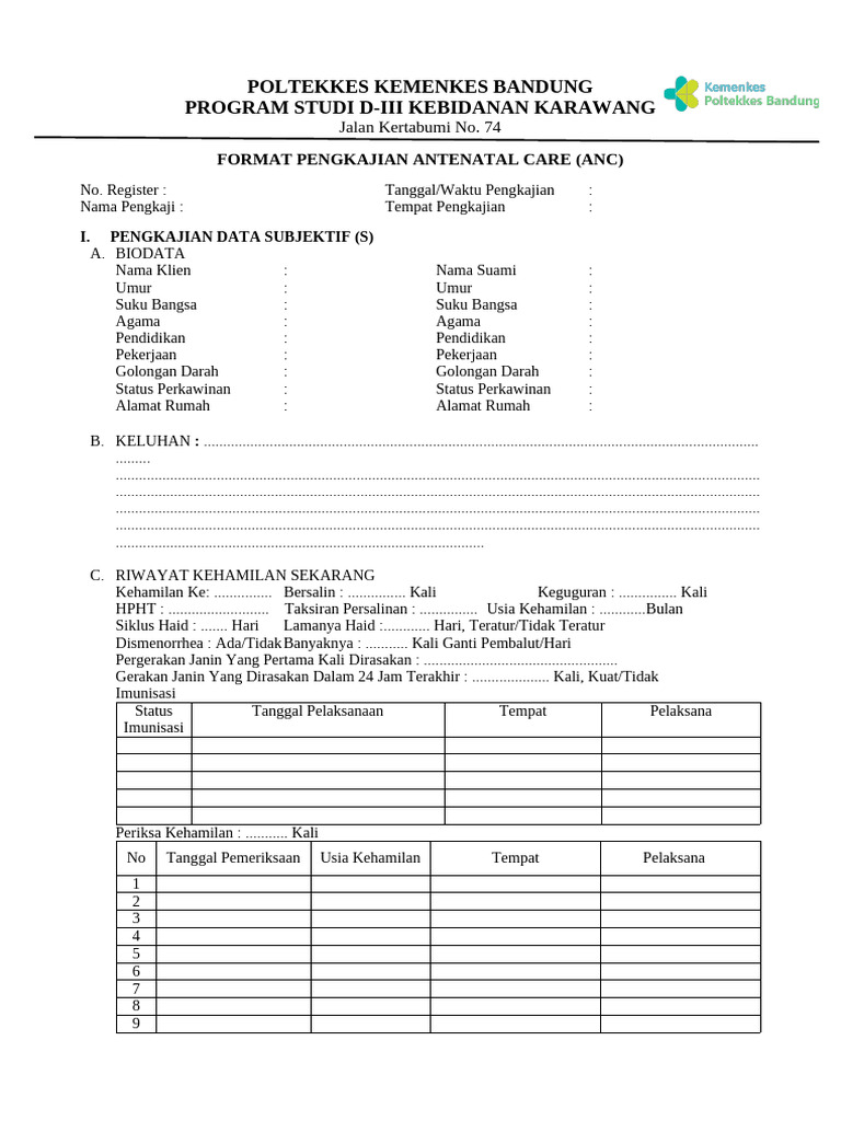 Format Pengkajian ANC Kebidanan Karawang | PDF