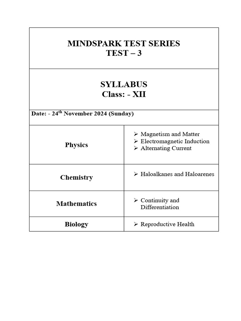 Mindspark Test Series - Test 3 Syllabus Class 12th | PDF