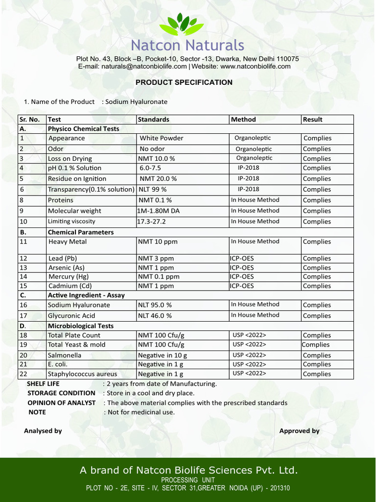 Sodium Hyaluronate Product Specs | PDF | Chemistry | Chemical Substances