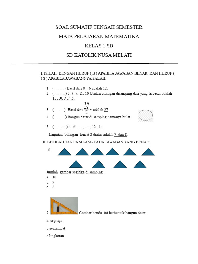 Soal Kelas 1 Sd Matematika Pdf