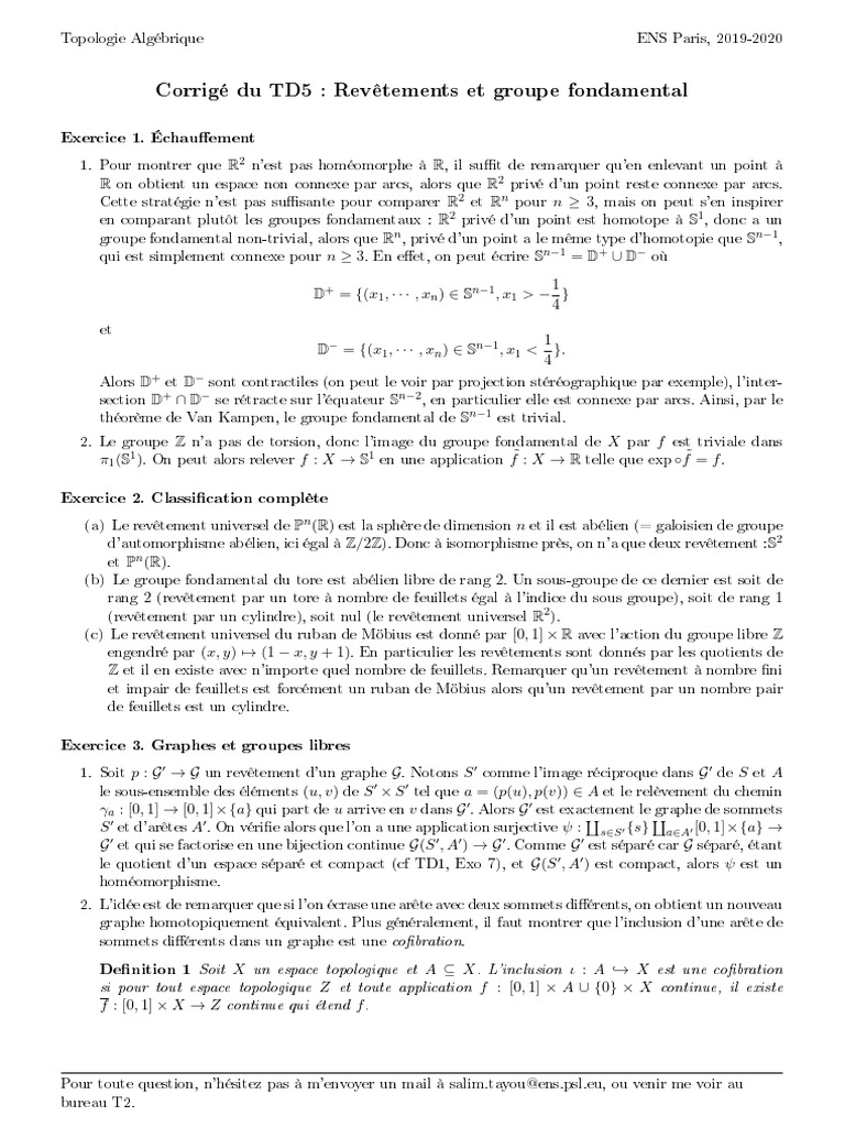 Corrigé TD5 : Revêtements et groupes fondamentaux | PDF | Algèbre ...